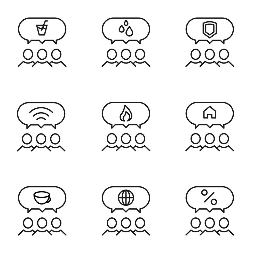 Set of modern outline symbols for internet stores, shops, banners, adverts. Vector isolated line icons of various items inside of speech bubble over group of people