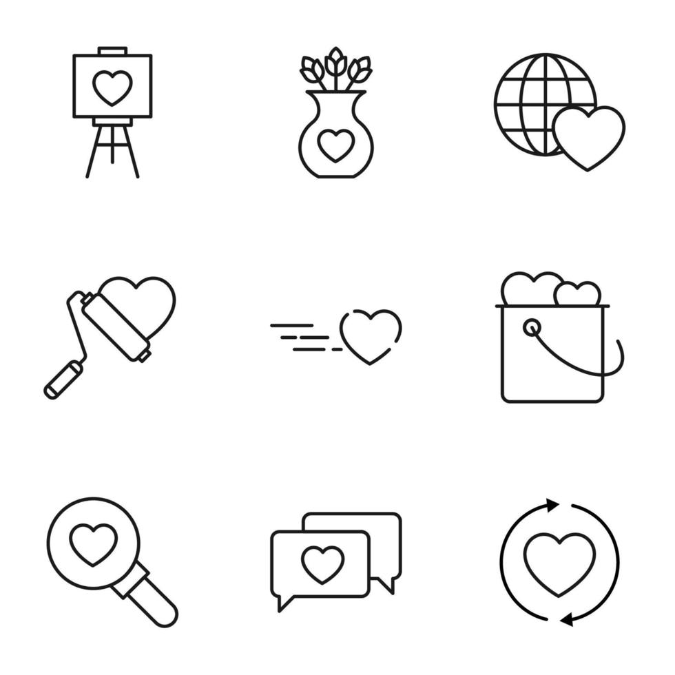 Set of modern outline symbols for internet stores, shops, banners, adverts. Vector isolated line icons of heart on canvas, vase, globe, paint roller, bucket, magnifying glass