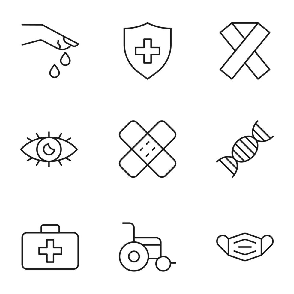 Set of modern outline symbols for internet stores, shops, banners, adverts. Vector isolated line icons of wound, injury, pink ribbon, eye, medical tape, dna, suitcase, wheelchair