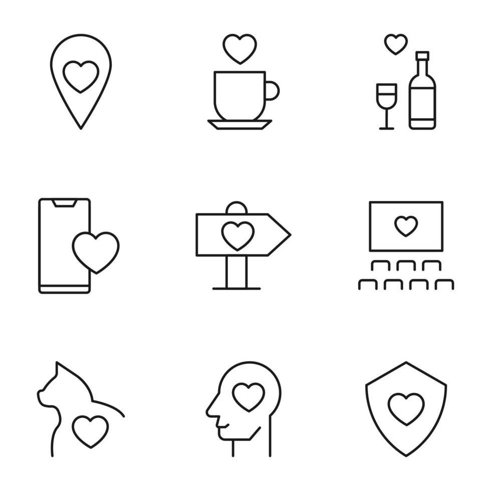 Set of modern outline symbols for internet stores, shops, banners, adverts. Vector isolated line icons of heart in geotag, cup, vine, smartphone, direction pointer