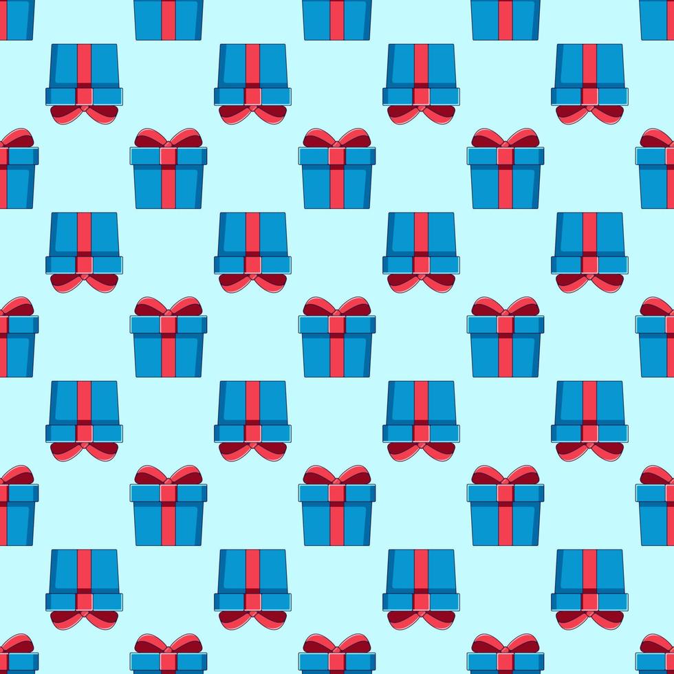 Vector seamless pattern of blue cartoon giftbox on light blue background. Suitable for web sites, textile, printing, wrappers. Christmas and New Year concept