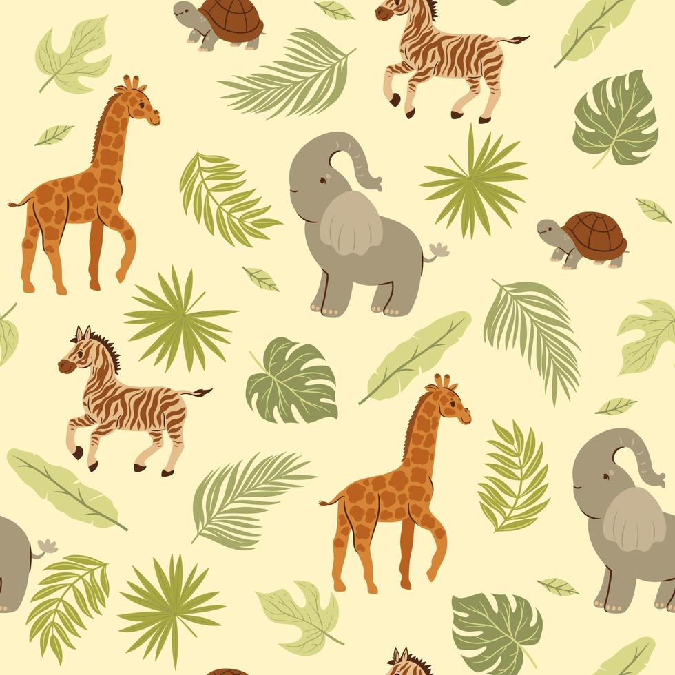 Seamless pattern with cute elephants, turtles, giraffes, zebras and tropical leaves. Vector graphics.