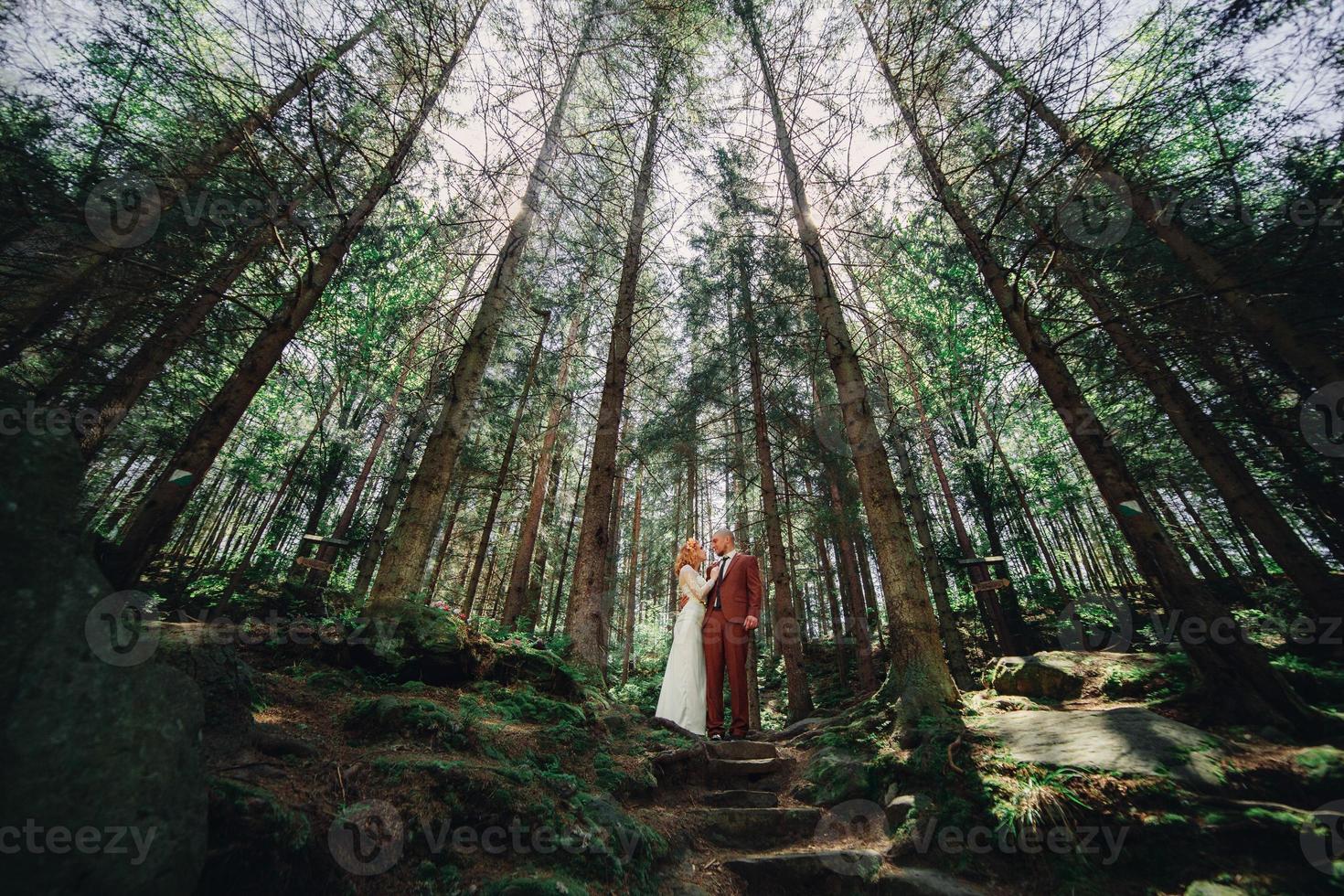 Young wedding hipsters couple groom and bride is hugging outdoors in the green forest on a summer day. photo