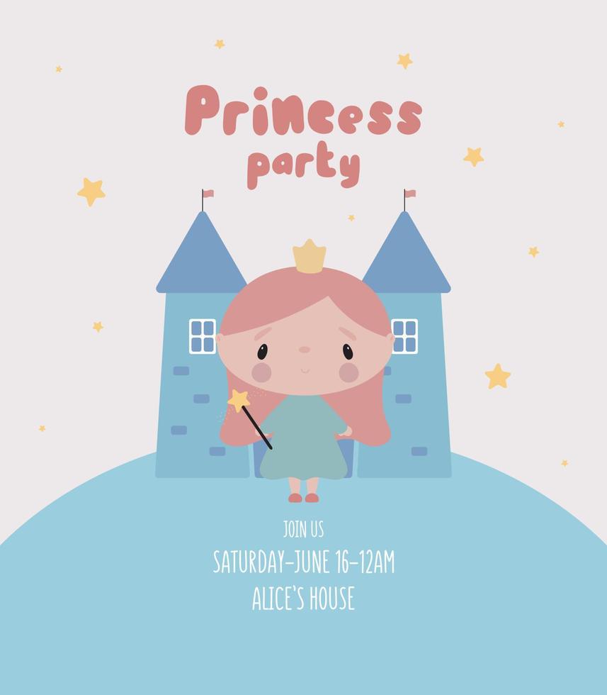 Birthday Party invitation with cute unicorn. Vector illustration in cartoon style.