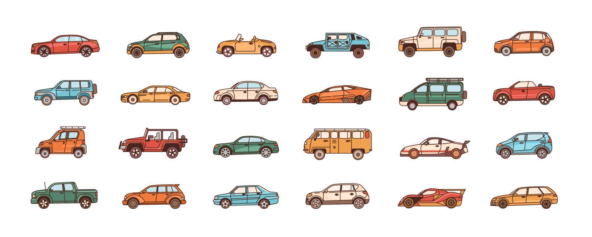 Bundle of cars of different body configuration styles - cabriolet, sedan, pickup, hatchback, van. Set of modern automobiles or motor vehicles of various types. Vector illustration in line art style.