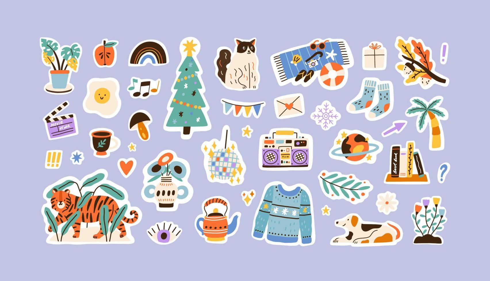 Set of colorful hand drawn stickers vector flat illustration. Collection of different decoration for weekly or daily planner and diaries isolated. Funny signs, symbols, objects and image templates.