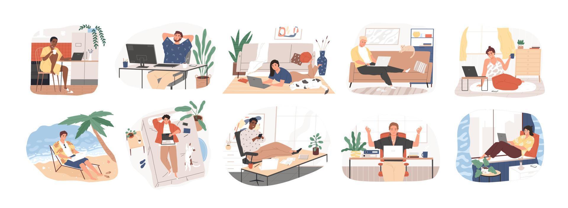 Freelance people work in comfortable conditions set vector flat illustration. Freelancer character working from home or beach at relaxed pace, convenient workplace. Man and woman self employed concept