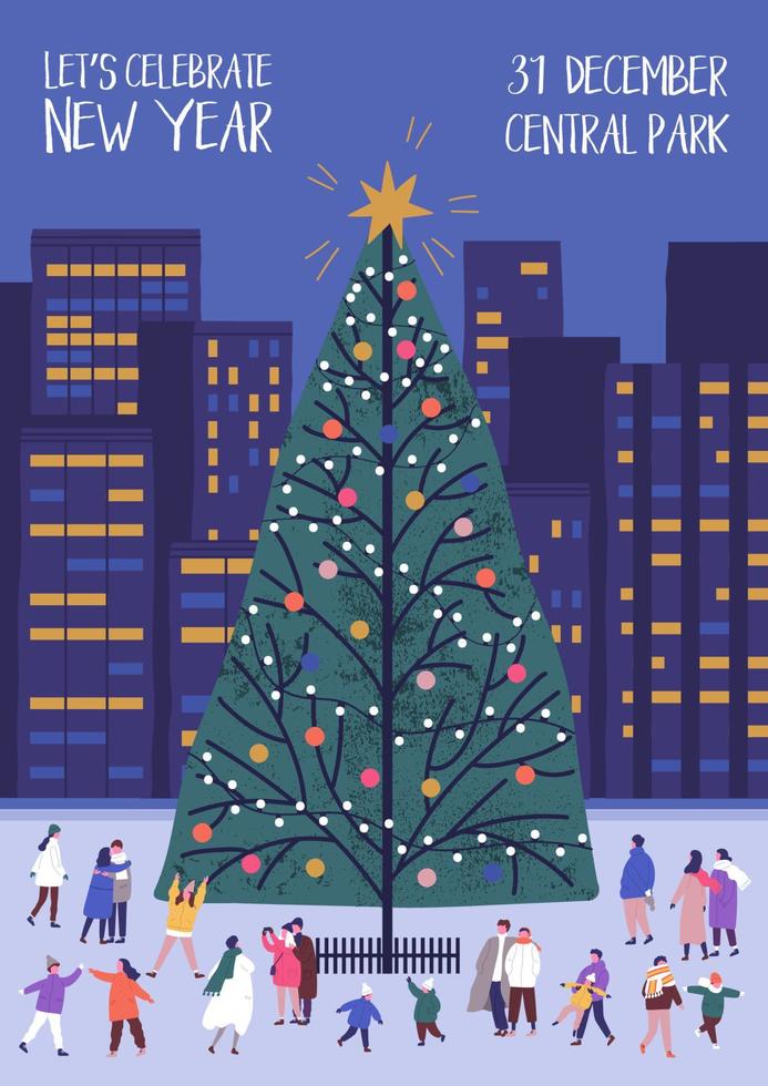 plantilla de volante o afiche con árbol de navidad decorado y gente diminuta caminando cerca de la plaza de la ciudad. ilustración vectorial moderna en estilo plano para publicidad de fiestas de año nuevo al aire libre, promoción de eventos. vector