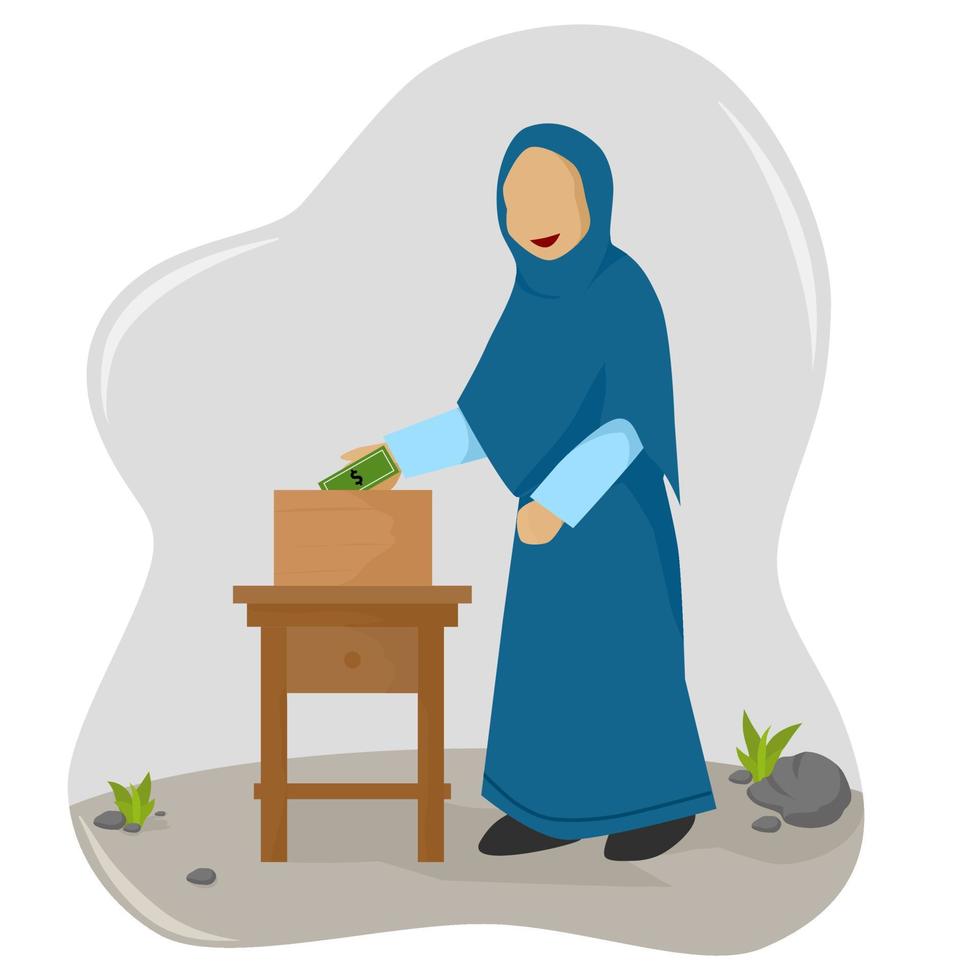 islamic illustration of muslim woman give money donation vector