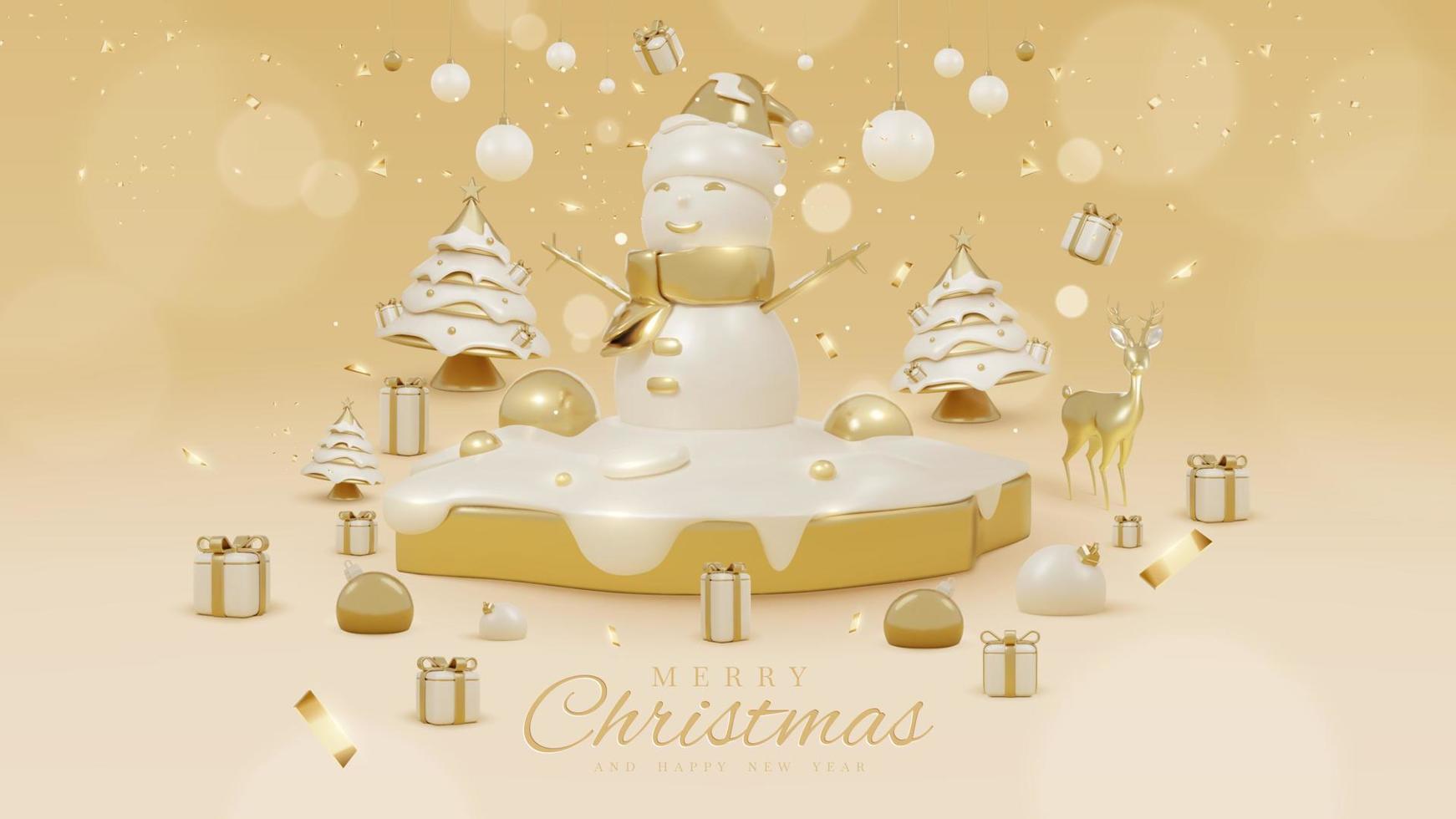 Luxury background with snowman on golden podium and snow elements with 3d realistic christmas ornaments and sparkling light effect decorations and bokeh. Vector illustration.
