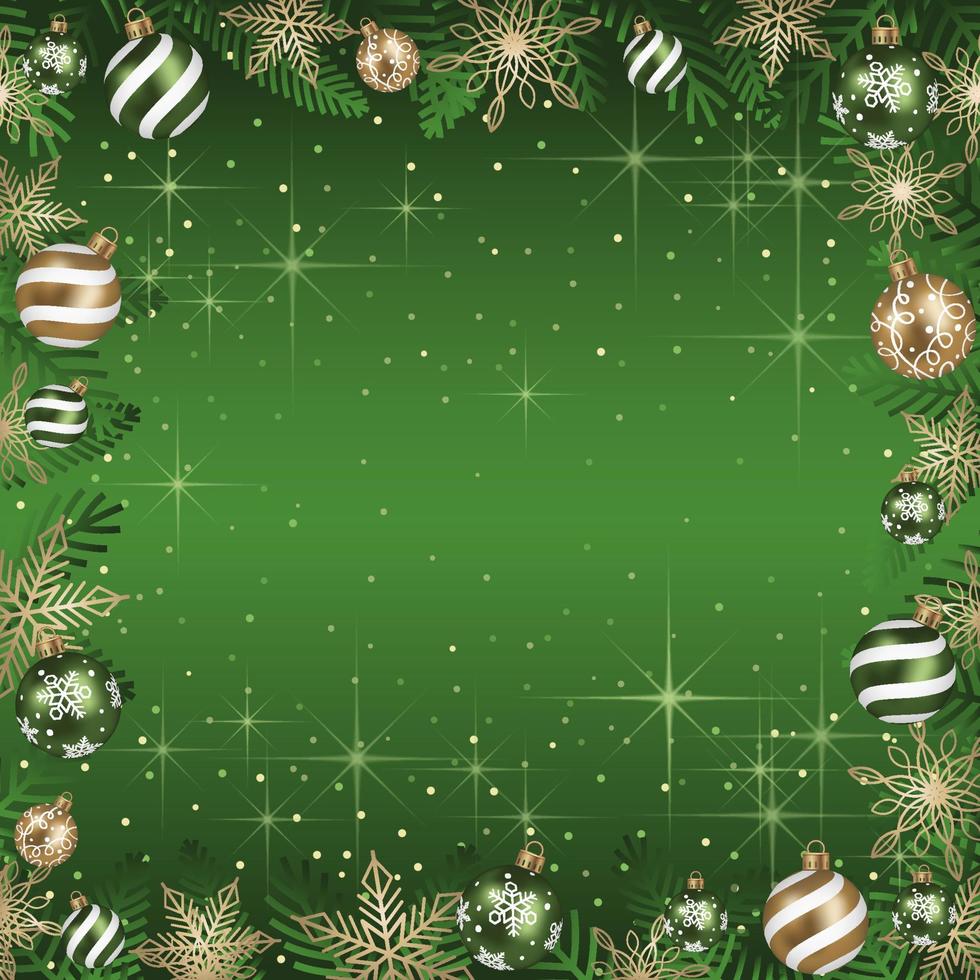 Abstract Vector Square Frame Illustration With Christmas Balls And Luminous Green Background.