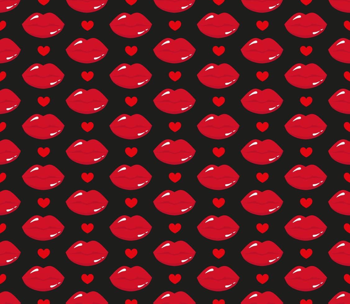 beso de lápiz labial rojo de patrones sin fisuras sobre fondo negro. ilustración vectorial plana para el diseño. impresión de los labios. vector