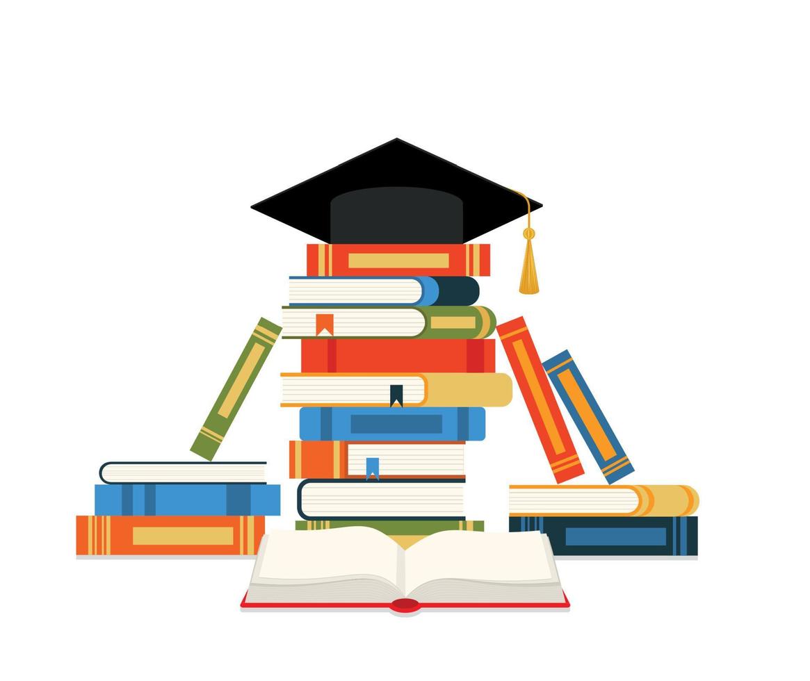 Graduation cap and books. The concept education. Stack of books, cap, hat. Vector. vector