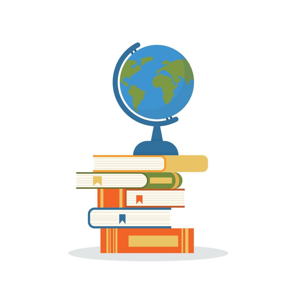 Concept illustration for education, books, university, student, research, school. Illustration in flat style. Books and globe vector