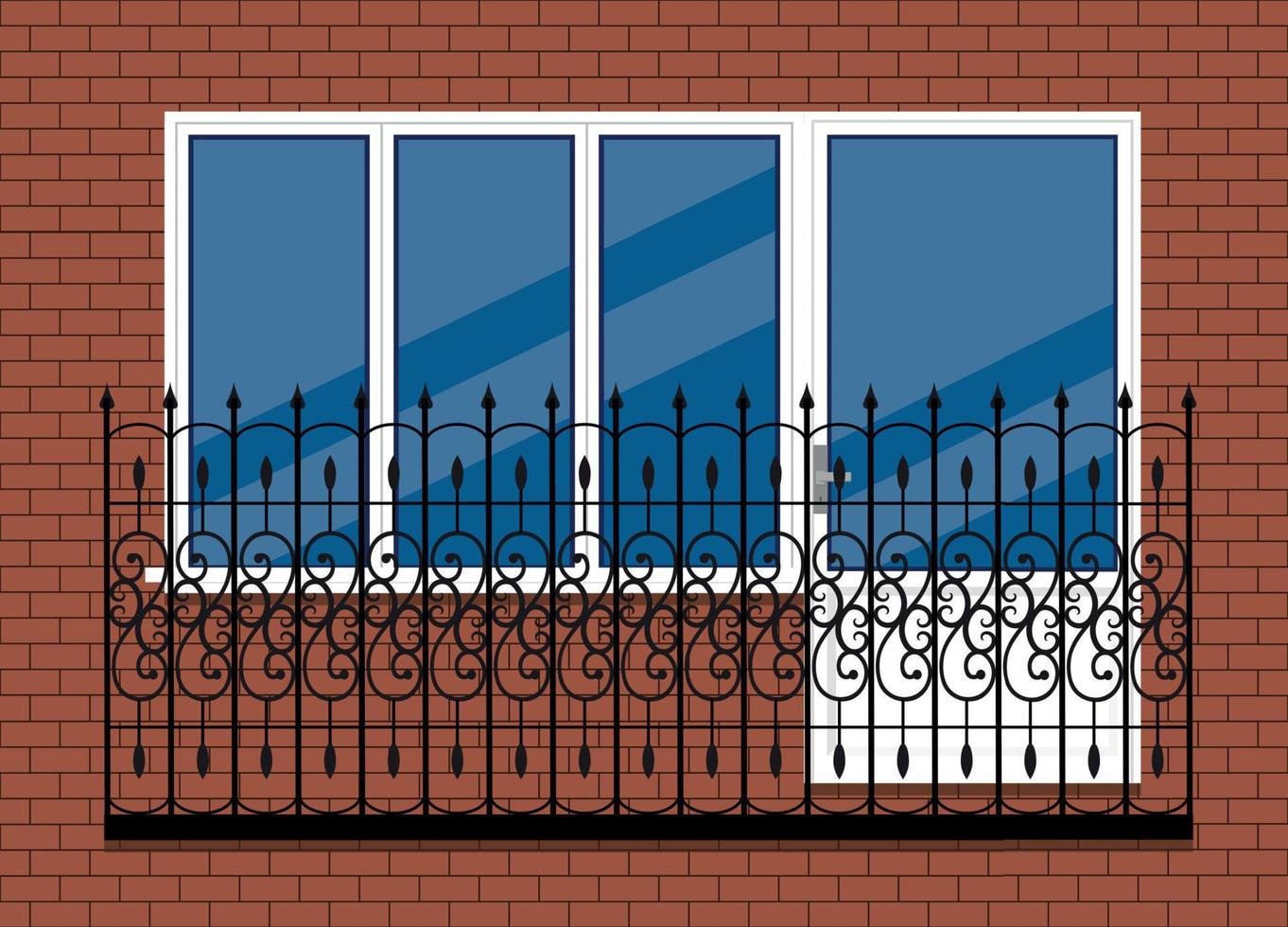 ventana de pvc de plástico blanco con puerta y balcón con riel de balcón de metal negro, vista frontal. aislado en un fondo de pared de ladrillo marrón rojo. diseño plano de estilo de dibujos animados. vector