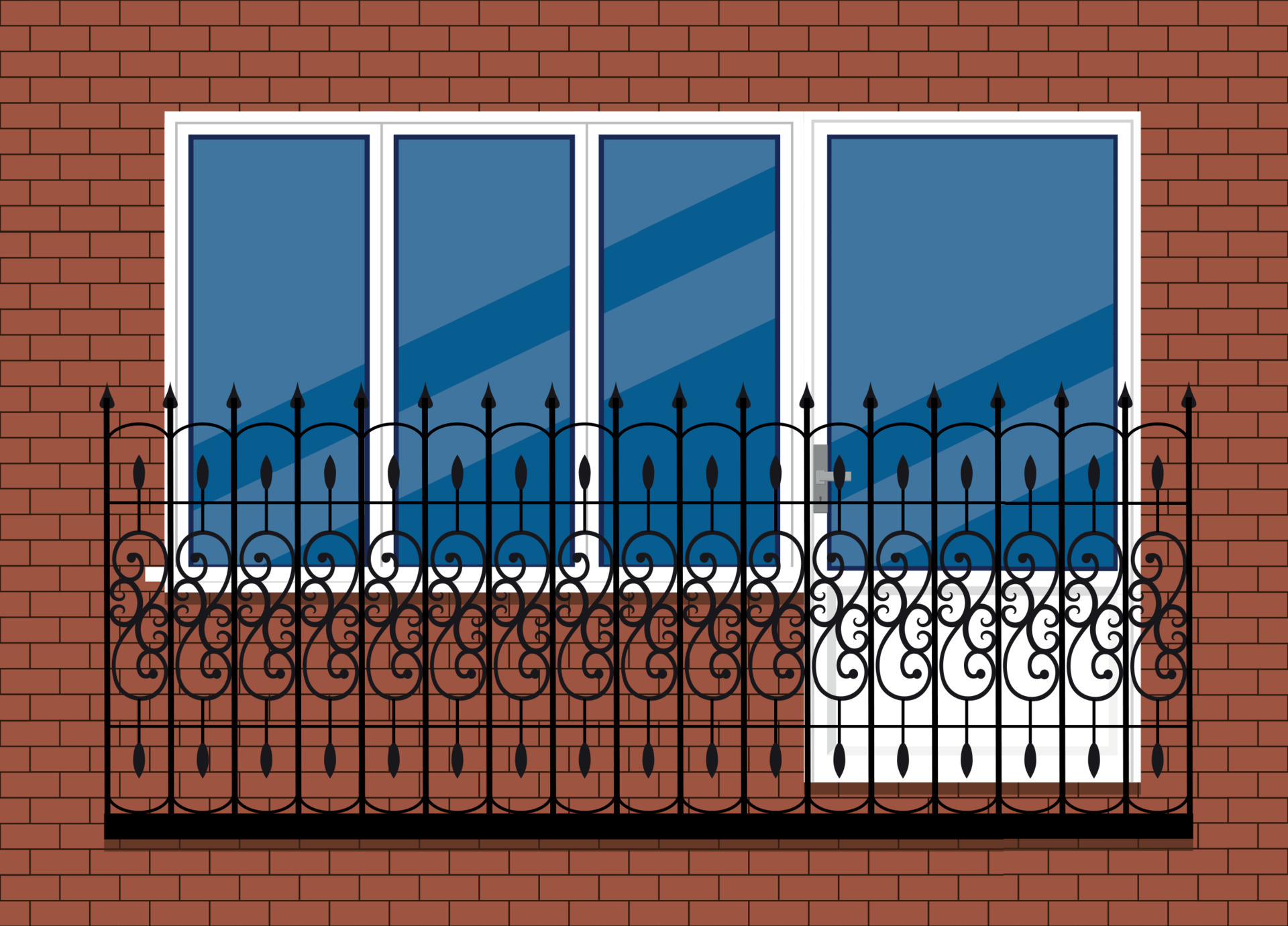 white plastic pvc window with door and balcony with black metal balcony  rail, front view. isolated on a red brown brick wall background. Cartoon  style flat design. 13925880 Vector Art at Vecteezy
