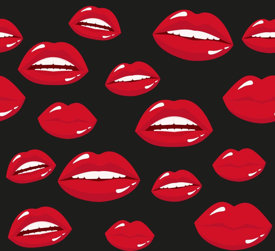 beso de lápiz labial rojo de patrones sin fisuras sobre fondo negro. ilustración vectorial plana para el diseño. impresión de los labios. vector