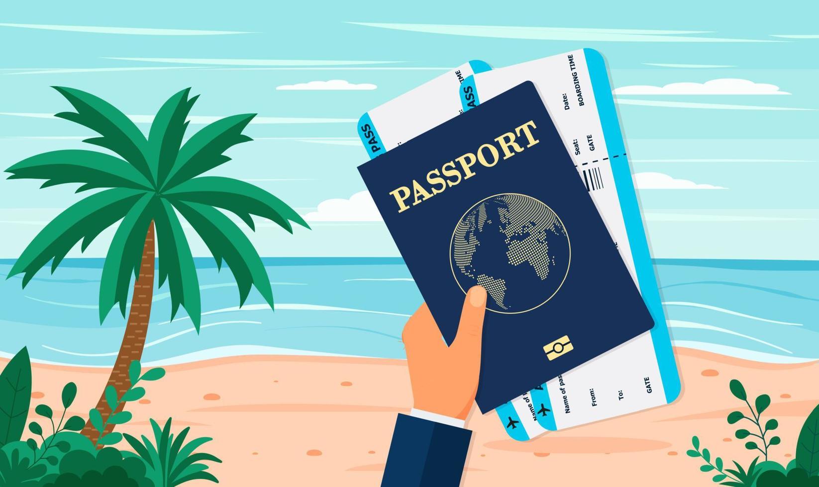 Vacation, Tourism, Summer Concept with Flat Icons for Web Site, Advertising like Hand with Passport and airplane tickets, beach, island, bungalows and palm trees, boat. vector illustration