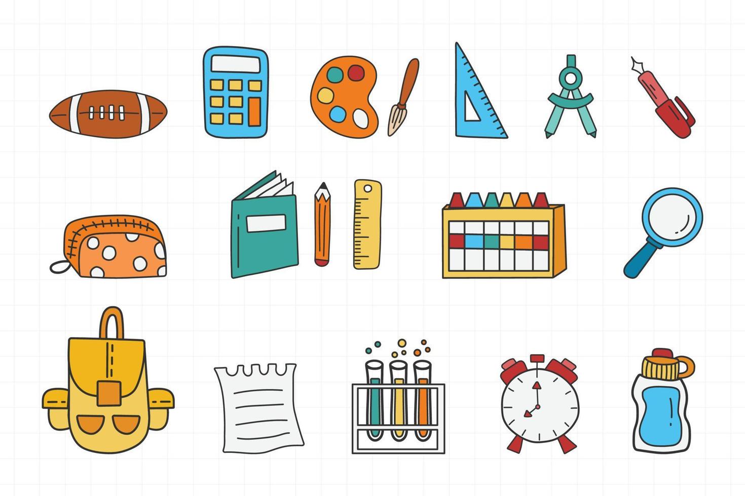 Set of Back to School icons isolated on white grid background. Vector of the many icons on the topic of education equipment and school.