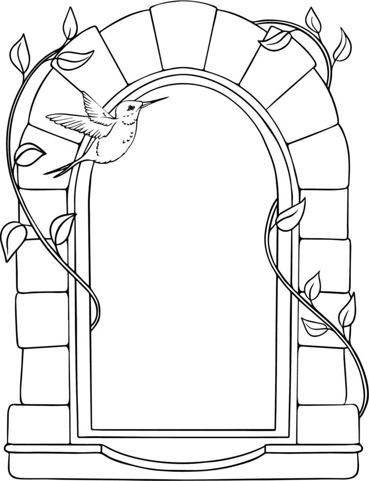 Brick arch with vines sketch. Black and white vector drawing. For coloring and design books.