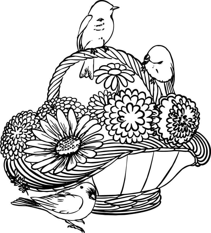 Basket of flowers birds. Black and white vector drawing. For coloring and design books.