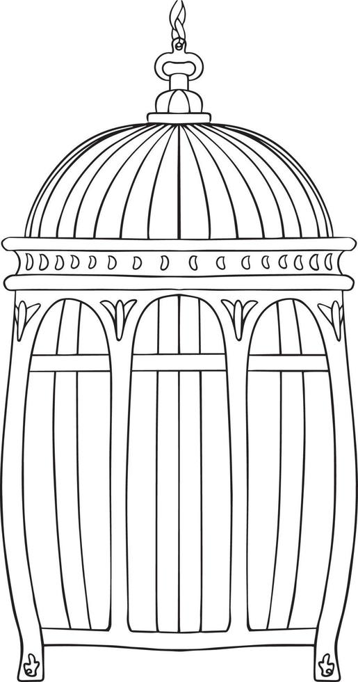 Cage for birds sketch. Black and white vector drawing. For coloring and design books.