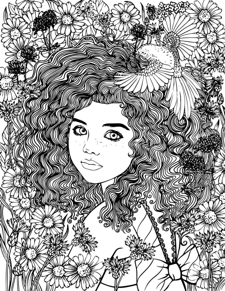 linda niñita irlandesa bw vector rodeada de flores. con una paloma en sus brazos. ilustración vectorial en blanco y negro para colorear y libros de ilustración.
