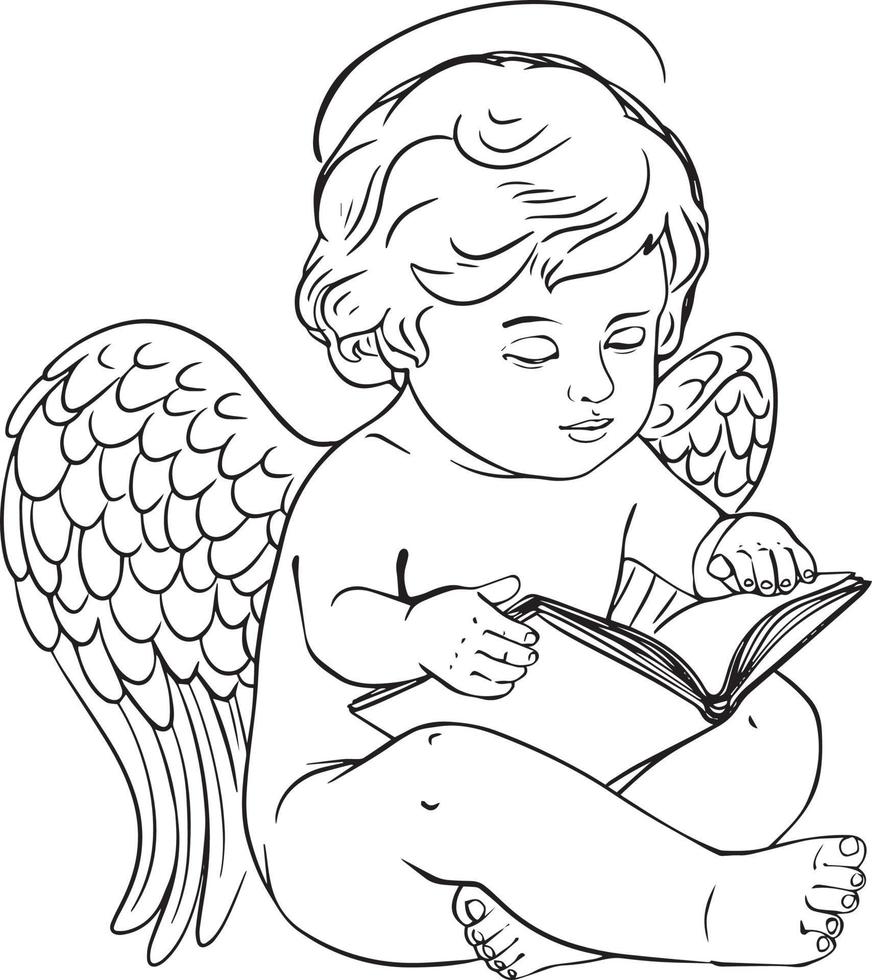 Child angel reading a book sketch. Black and white vector drawing. For coloring and design books.