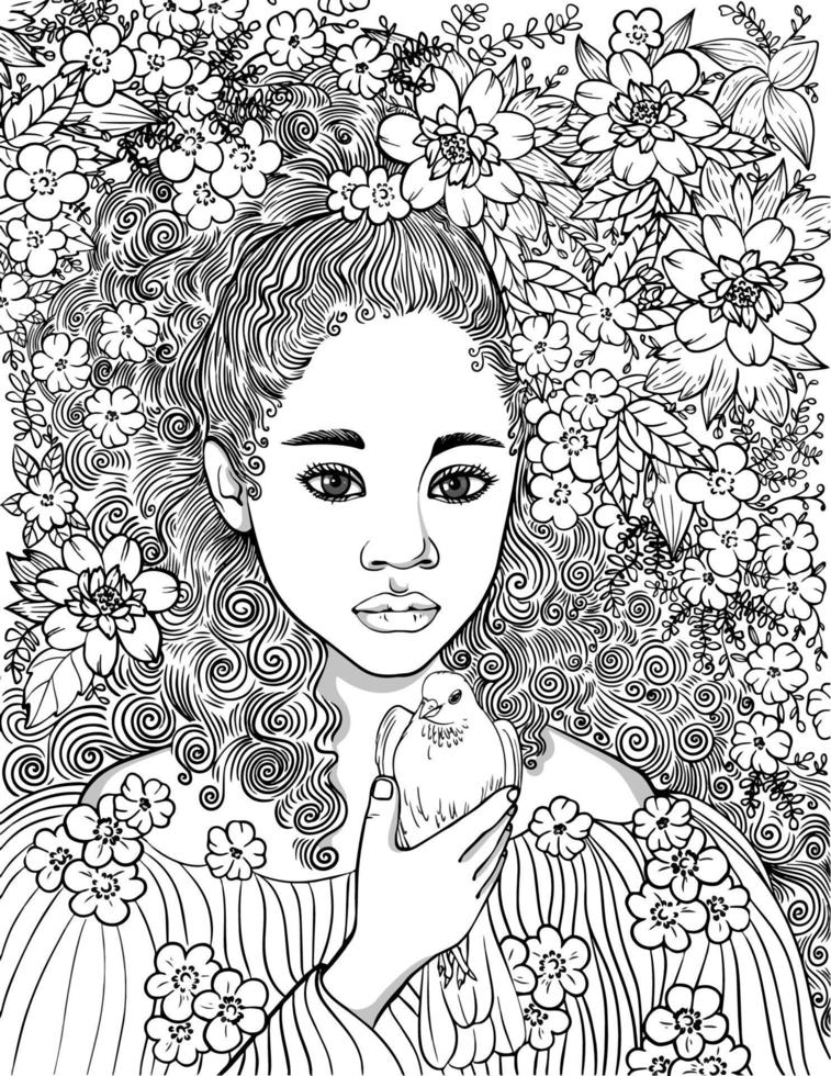 Cute African little girl bw vector surrounded by flowers. With a pigeon in her arms. Vector black and white illustration for coloring and illustration books.