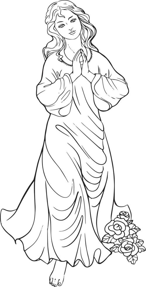 A girl praying. Black and white vector drawing. For coloring books and for design.