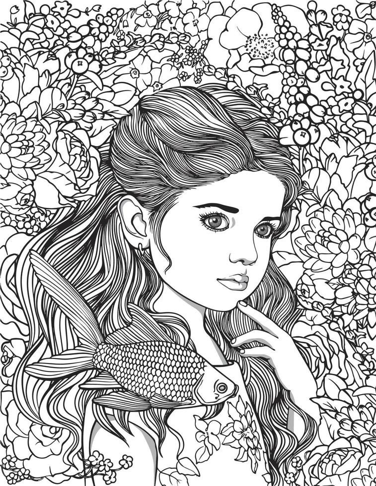 Cute European little girl bw vector surrounded by flowers. With goldfish. Vector black and white illustration for coloring and illustration books.