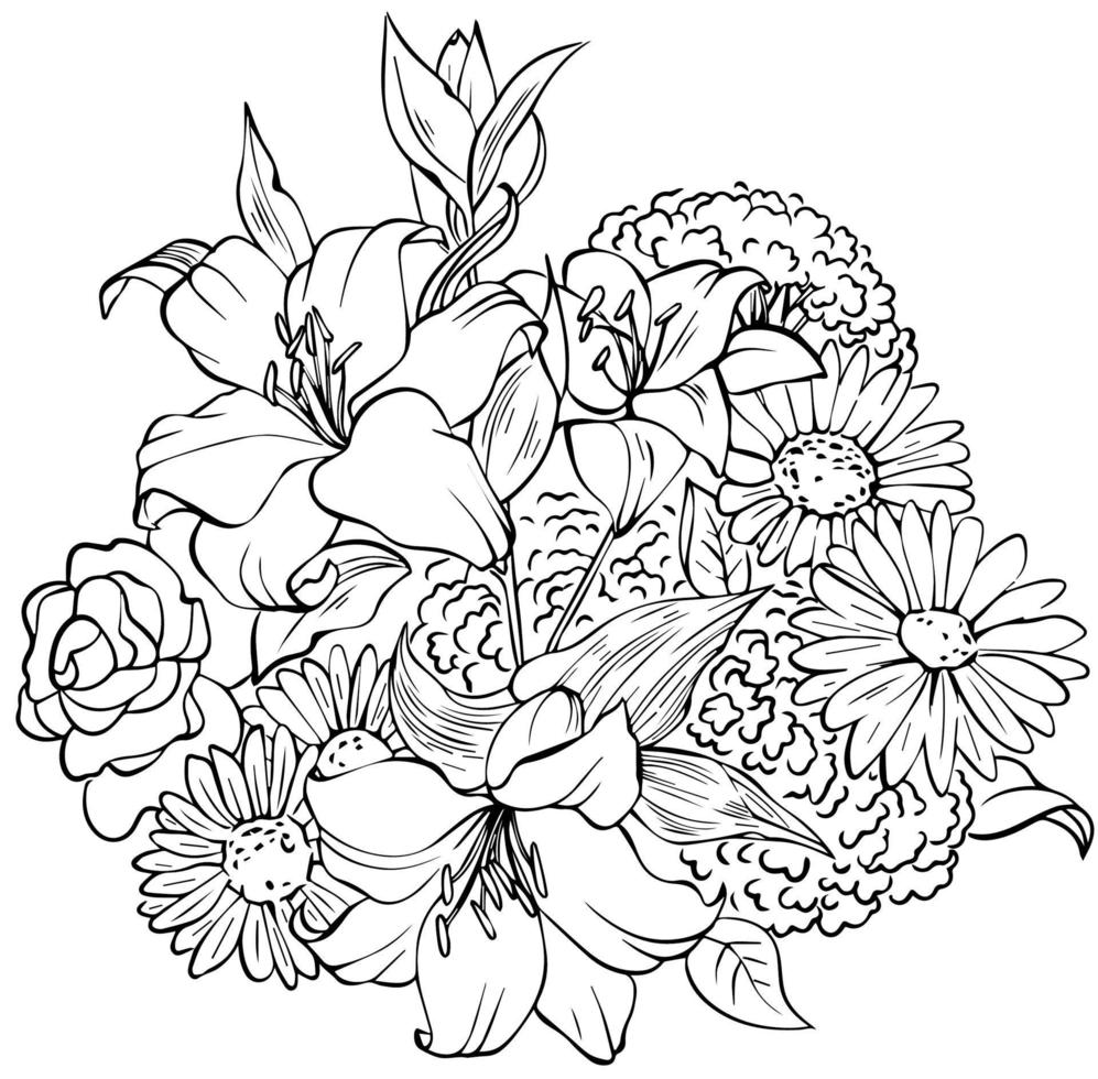 Bouquet of lily, daisy flowers sketch. Black and white vector drawing. For colouring books and for design.