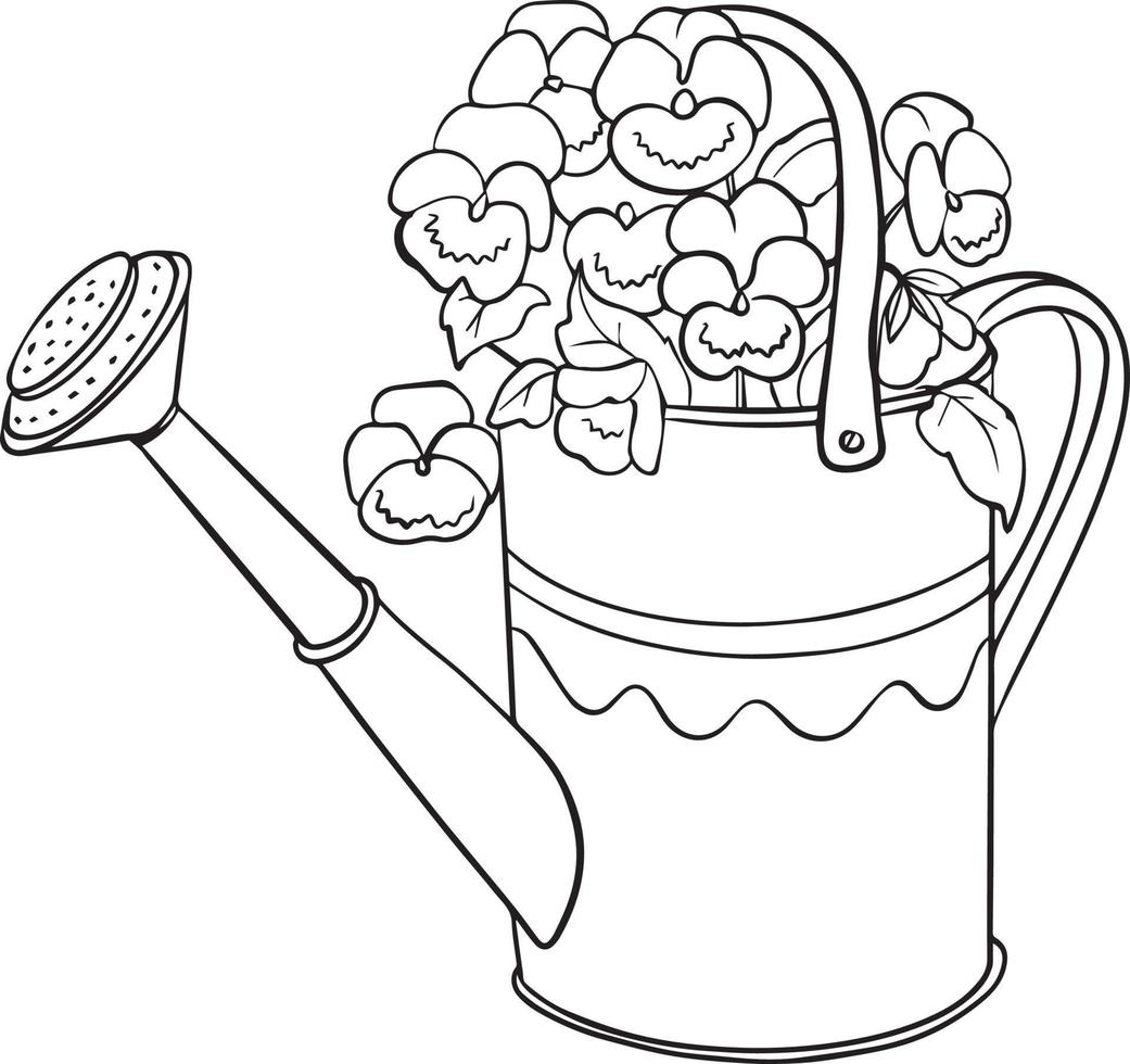 Garden watering can. Black and white vector drawing. For coloring books and for design.