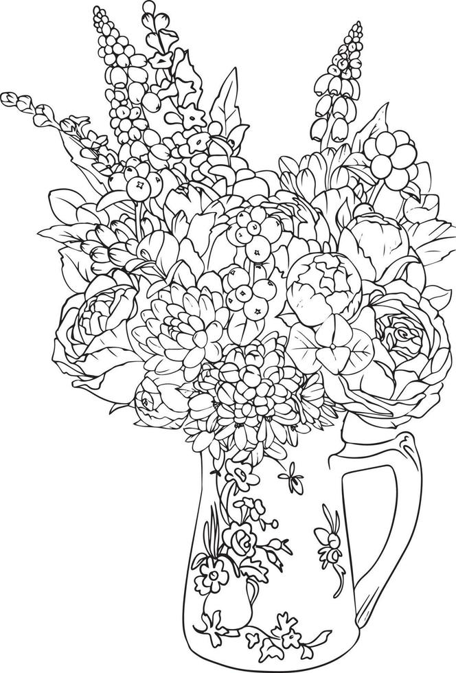 Bouquet of flowers in a vase Sketch. Black and white vector drawing. For colouring books and for design.