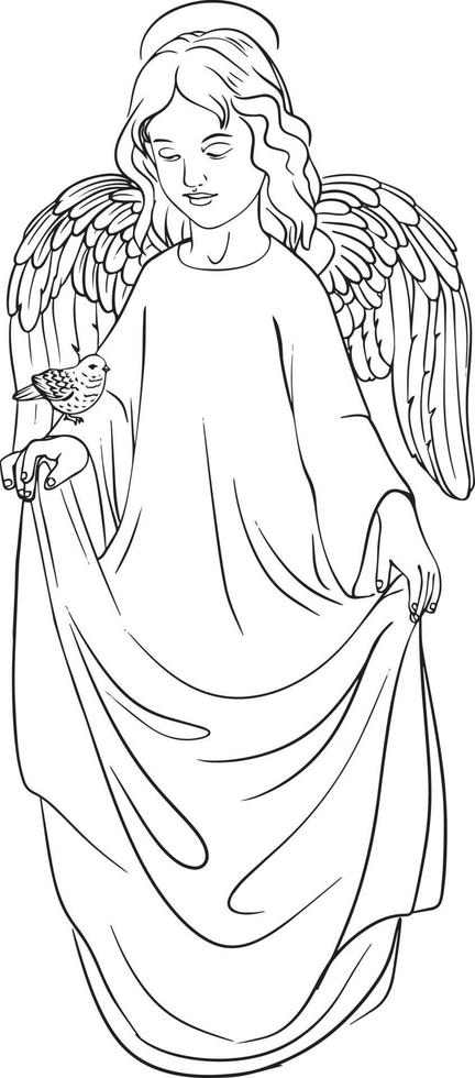 The girl is an angel with a bird. Black and white vector drawing. For coloring and design books.