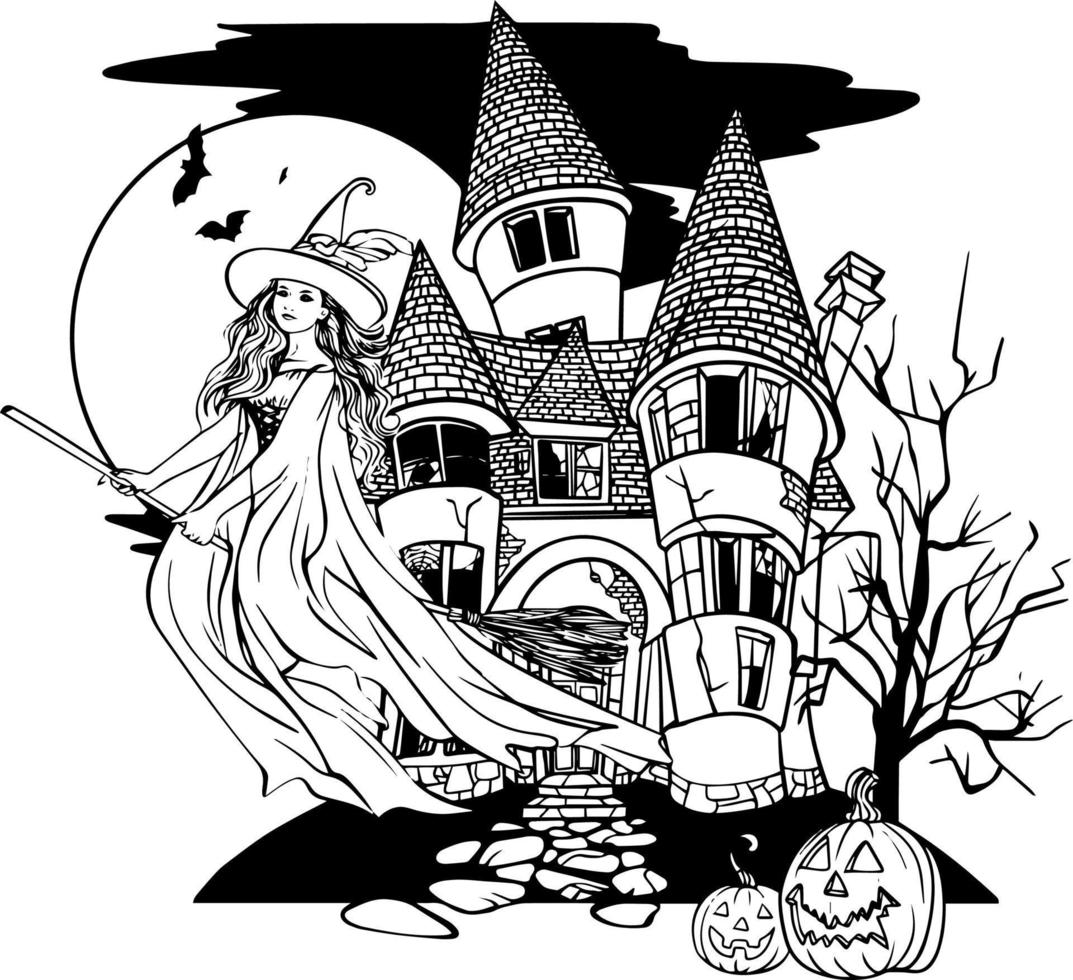 A witch on a broomstick in front of a castle. Black and white vector drawing. For colouring books and for design.