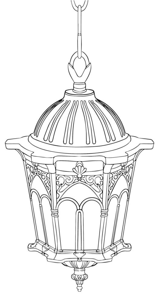 Sketch of a hanging lantern. Black and white vector drawing. For coloring books and for design.