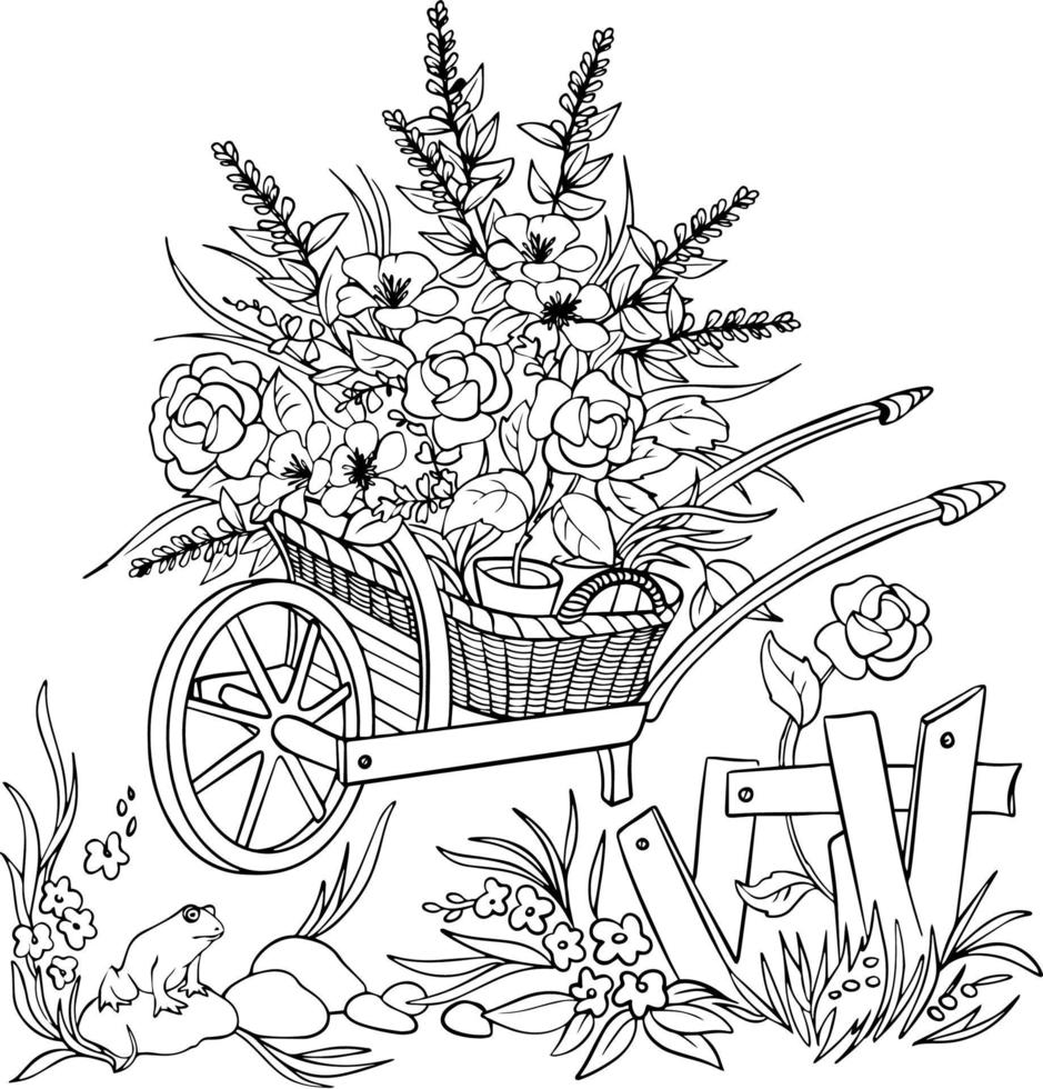 Garden cart with flowers sketch. Black and white vector drawing. For coloring books and for design.