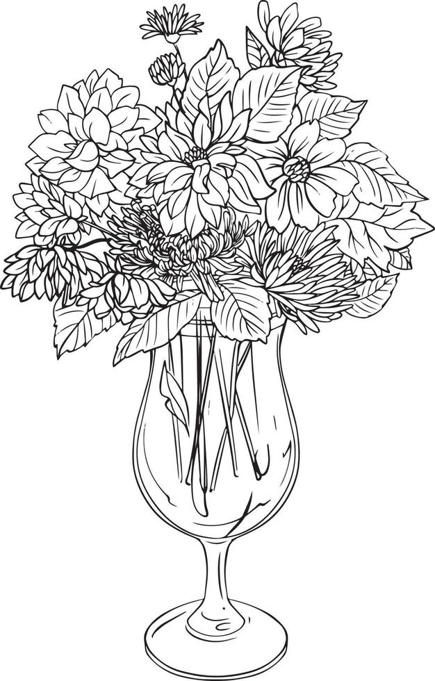 ramo de flores en un vaso. dibujo vectorial en blanco y negro. para colorear libros y para el diseño. vector