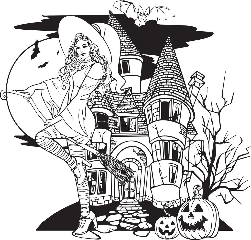 Castle Halloween Witch on a Broomstick vector