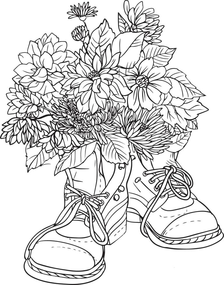 Bouquet of flowers in boots. Black and white vector drawing. For coloring books and for design.