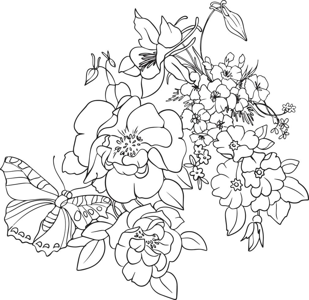 Bouquet of flowers with a butterfly. Black and white vector drawing. For coloring books and for design.