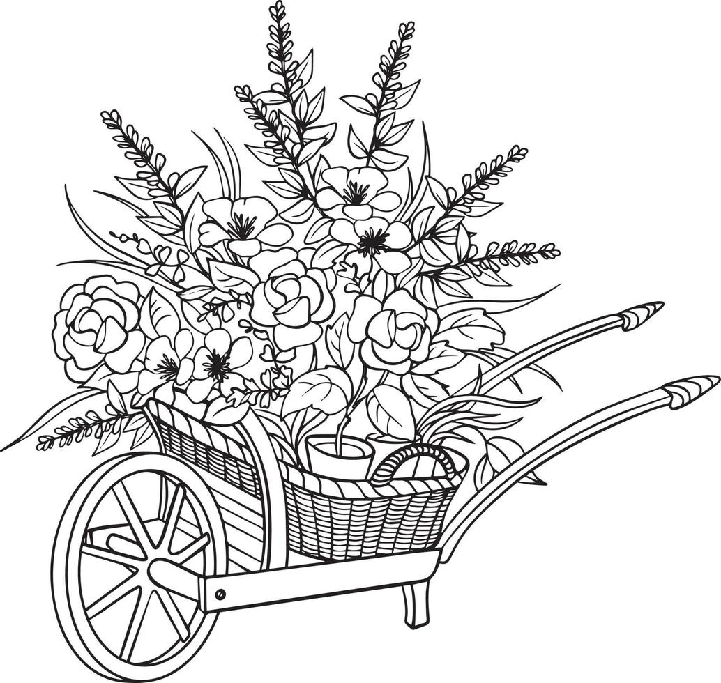 Garden trolley with flowers. Black and white vector drawing. For colouring books and for design.