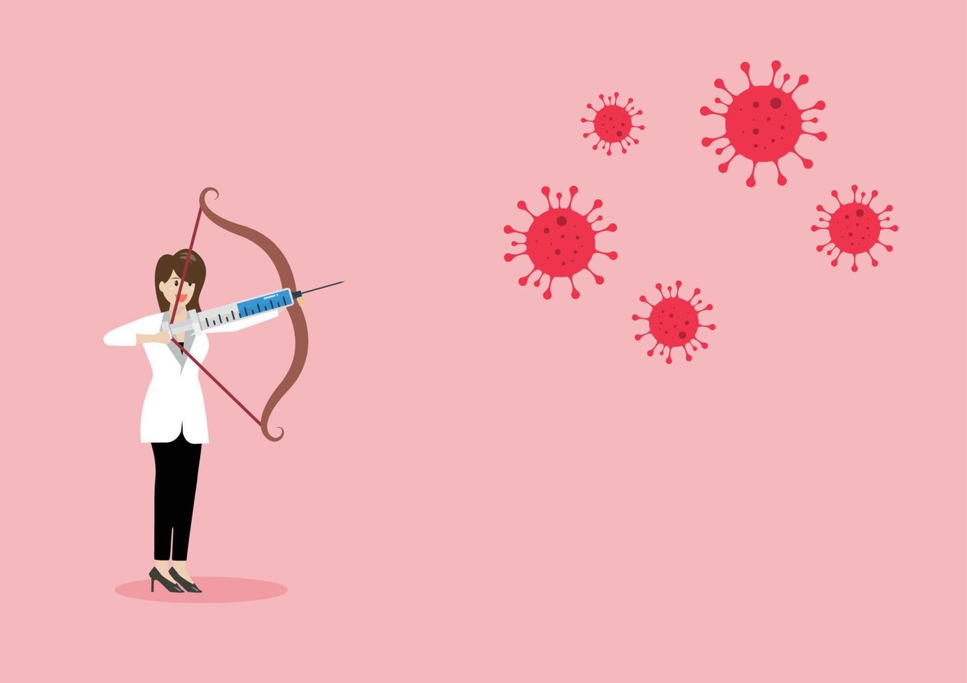 Female doctor fighting with coronavirus by syringe with vaccine vector
