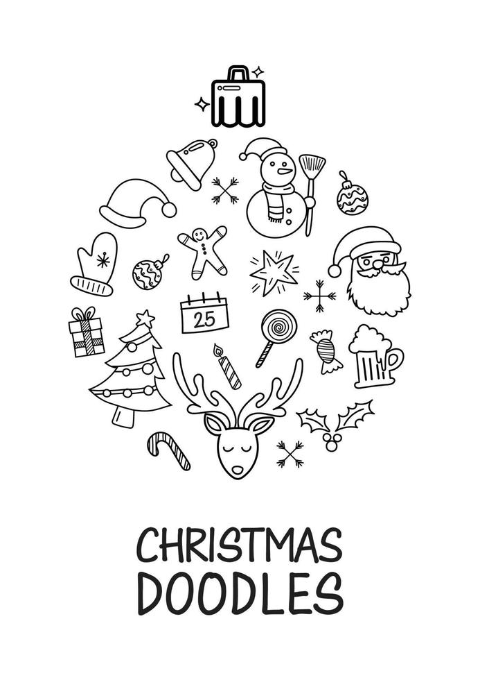 elementos de garabatos navideños dispuestos en forma de cartel de bola de navidad vector