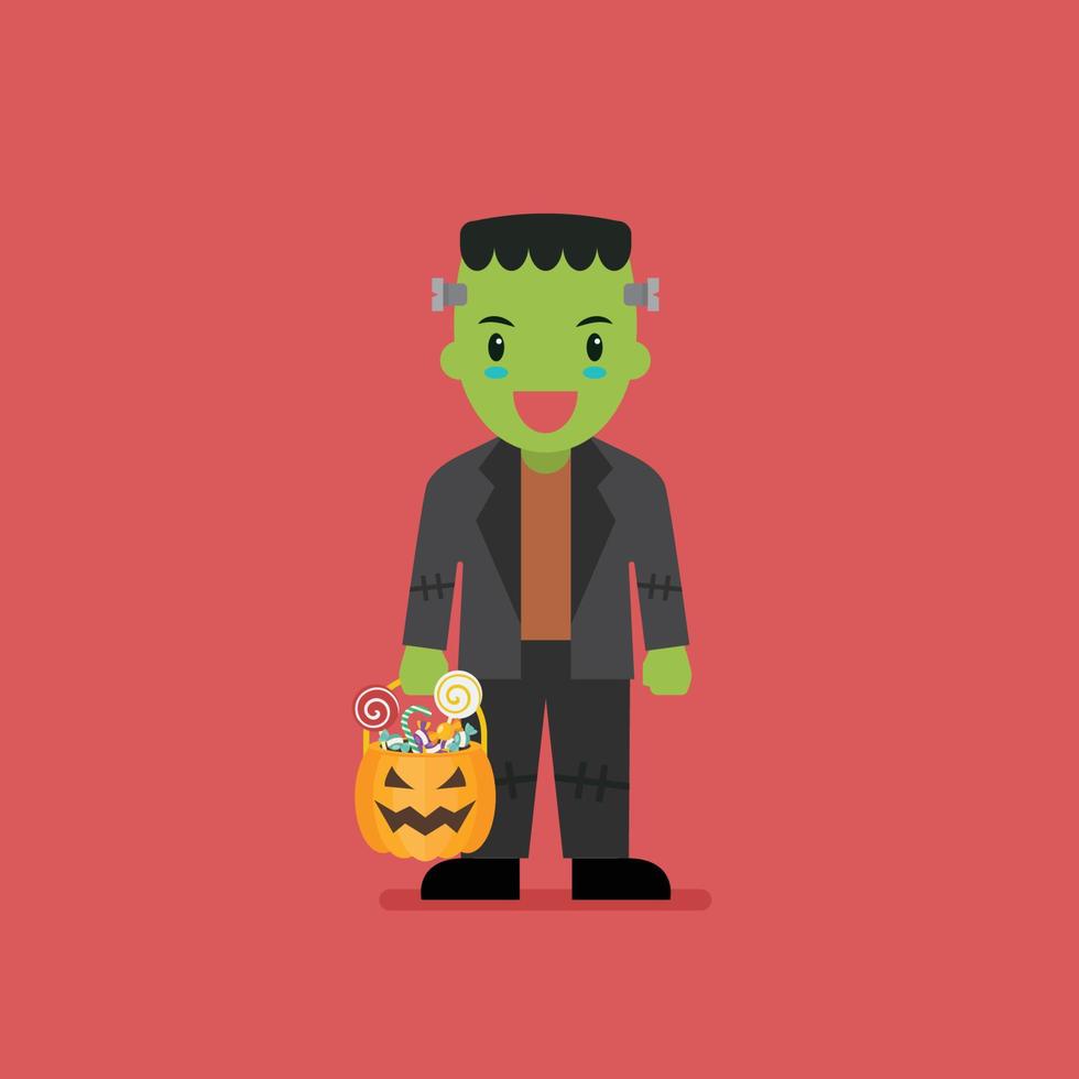 Boy with pumpkin basket dressed in green zombie costume vector