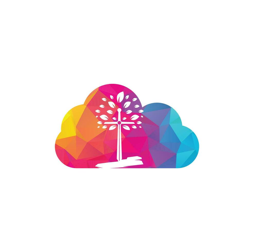 logotipo de concepto de forma de nube de iglesia. logotipo del árbol de oración de la cruz de la iglesia cristiana. diseño del logotipo de la cruz de la iglesia de la espada cristiana. vector