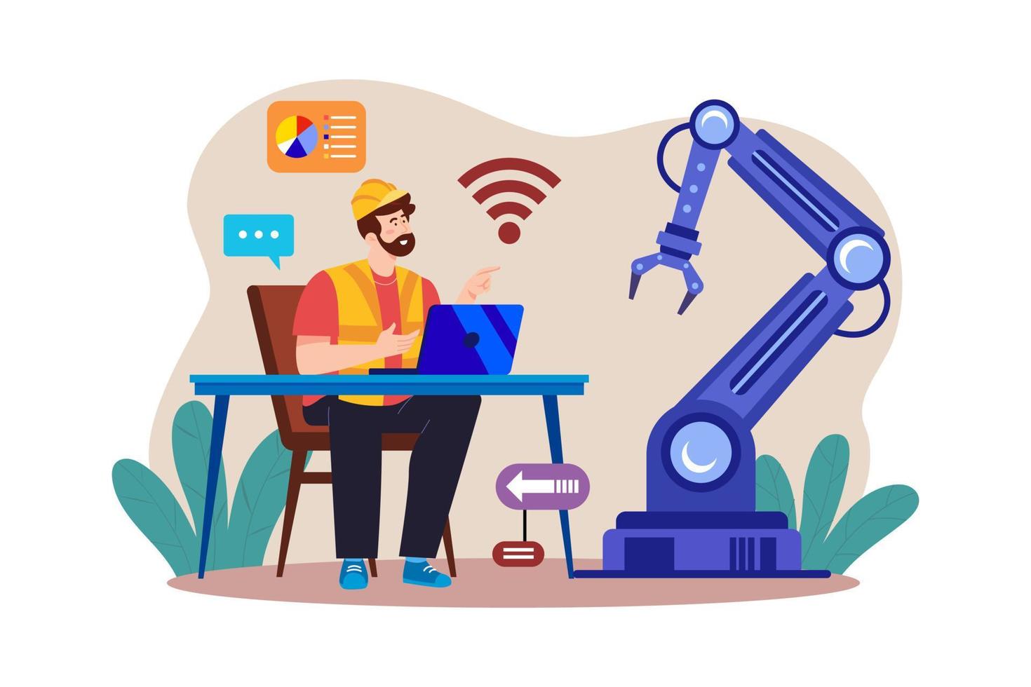 Man controlling factory robot with laptop vector