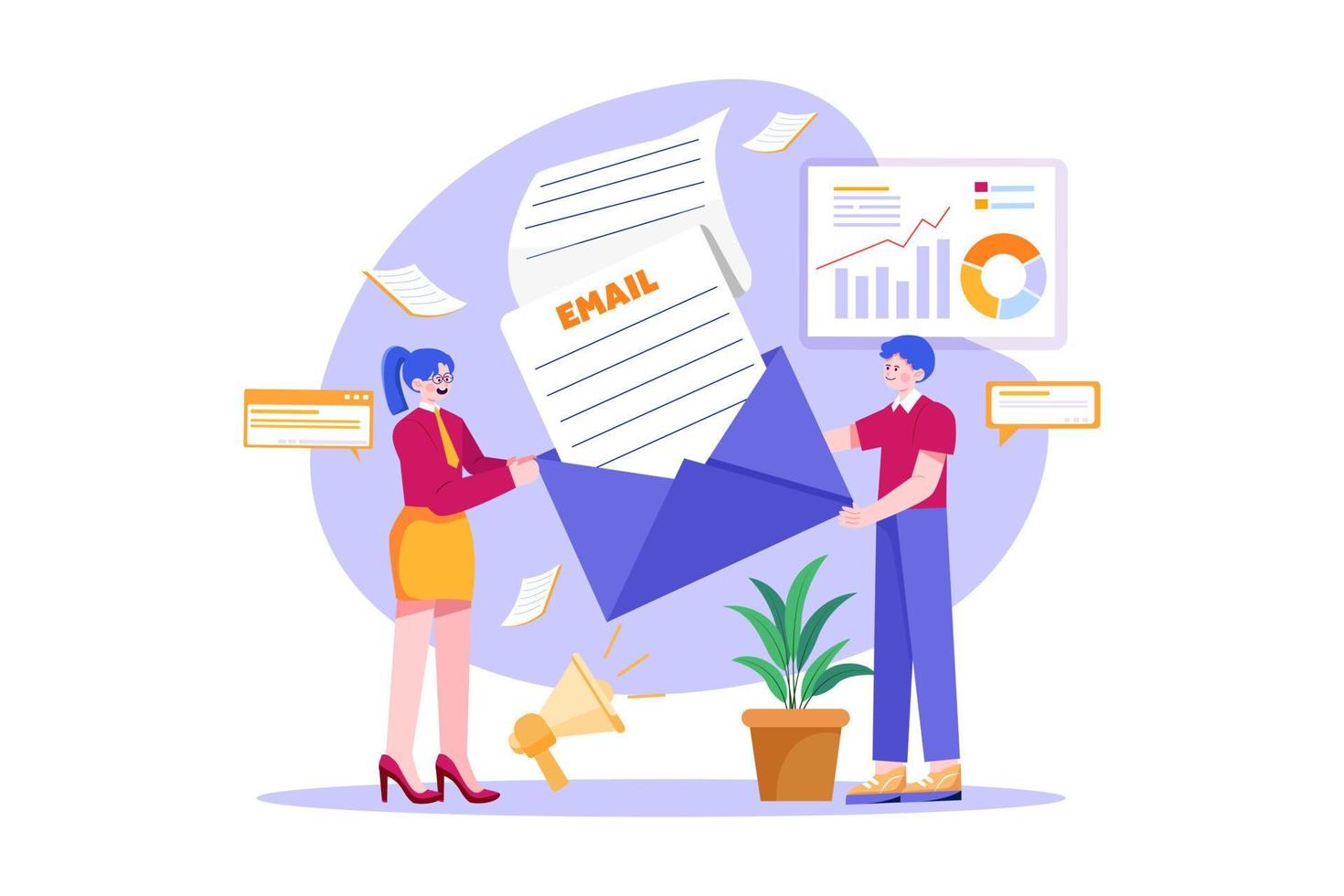 Guy and a girl are engaged in email marketing vector