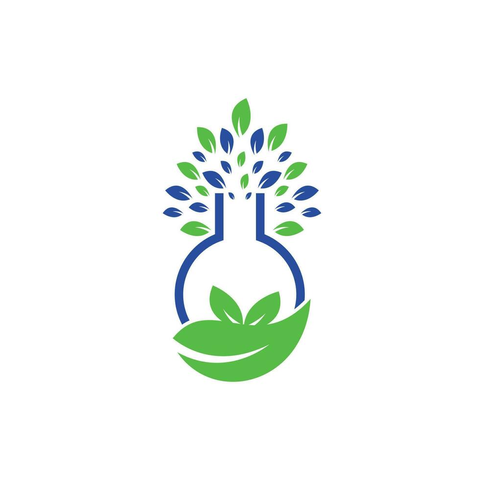 Lab tree logo. Green lab vector logo design. Leaf and Lab Bottle logo